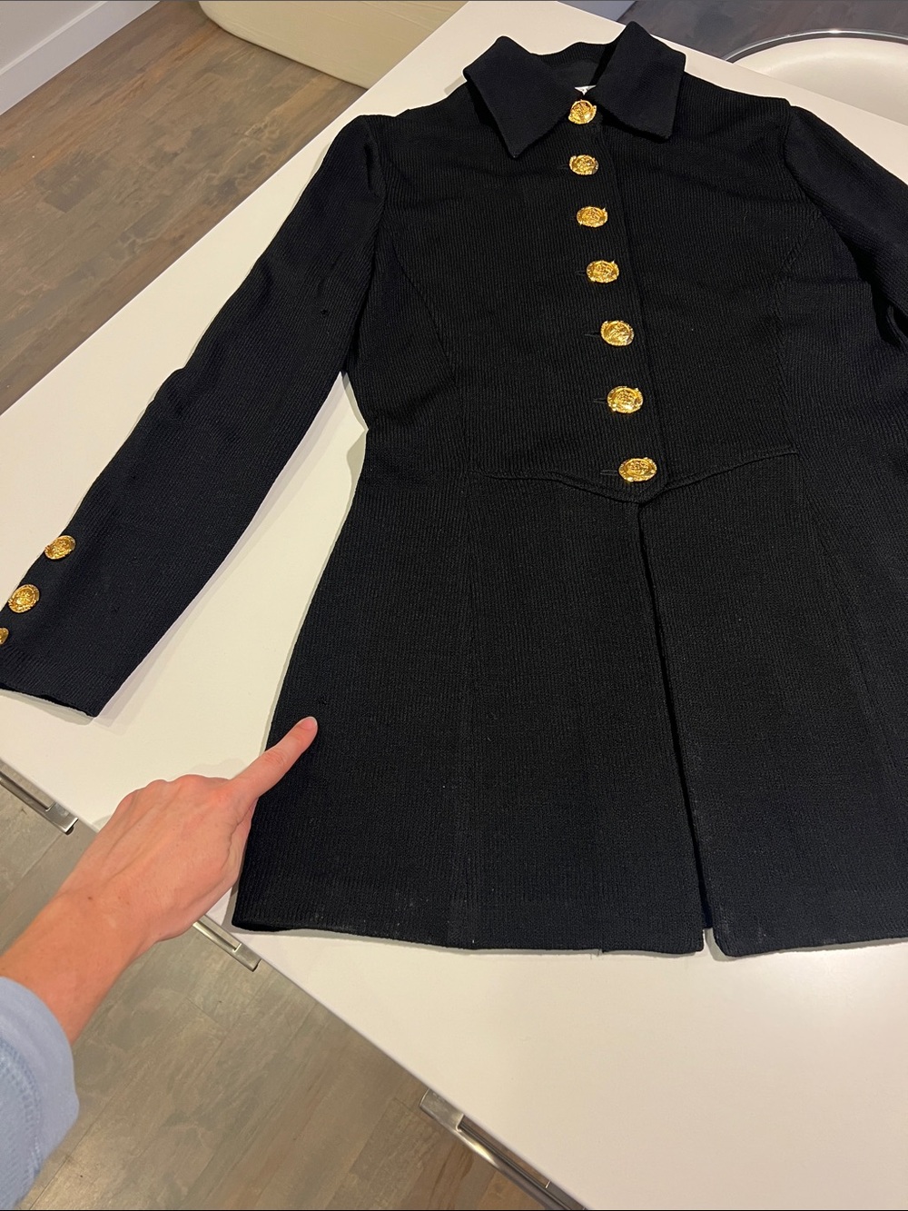 St. John Collection santana black knitted fit & flare jacket w/ gold buttons 12 - Picture 5 of 11